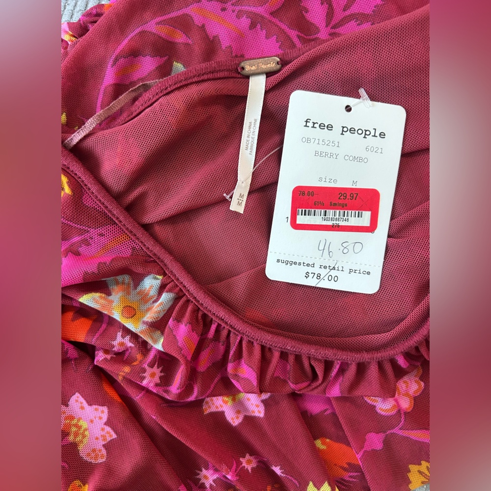 Free People Blouse Peasant Boho Bohemian Floral Raspberry Pink Long Sleeve - Picture 10 of 10